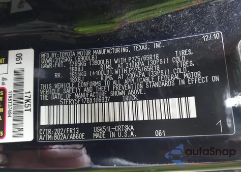2011 Toyota Tundra Grade 5.7L V8 from USA, damaged, VIN 5TFRY5F17BX106937